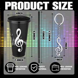 Skylety 12 Sets Music Themed Gifts Musical Note Tumbler Cups Bulk 24 oz Reusable Musical Note Plastic Tumbler with Straw and Lid Musical Note KeyChain Gifts for Music Lover Musical Party Favor