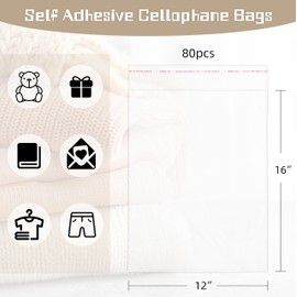 Self Sealing Cellophane Bags 80PCS 12X16 Inches Clear Plastic Shirt Packaging Bags with Seal Sealable Bags for Gift Giving, Packaging Products, Party Favors, Small Business