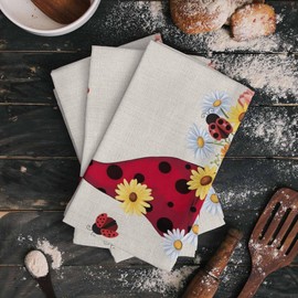 Kitchen Towel Tea Towels, Farm Gnome Yellow Sunflower Ladybug on Linen Dish Towels Absorbent Quick Drying Hand Towel Dish Cloths 2 Pack, Rural Animal Soft Microfiber Dishcloth with Hanging Loop