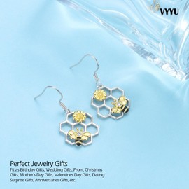 VYYU Bee Earrings for Women - 14K Gold Plated Dainty Bumble Bee Gifts Jewelry Honey Accessories, Drop Dangle Hypoallergenic Earrings Birthday Christmas Anniversary Valentines Day Sunflower Gifts