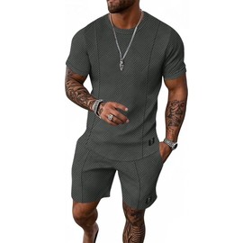 UOUA Mens Short Sets 2 Piece Summer Outfits Casual Short Sleeve Crew-Neck Shirts & Shorts Track Suit Jogging Loungewear DarkGrey 2XL