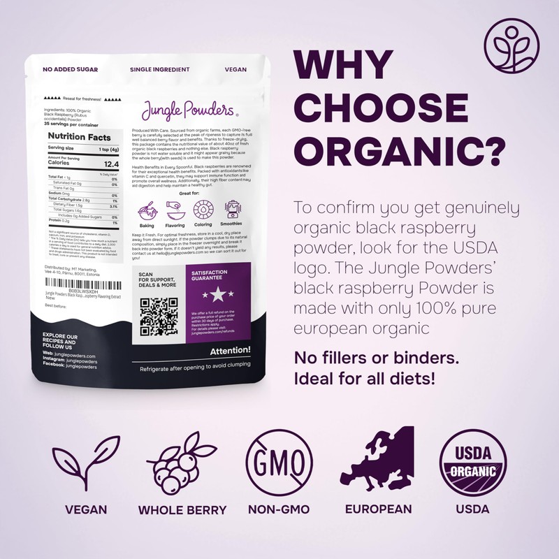 Jungle Powders Organic Black Raspberry Powder 5 Ounce Bag, USDA