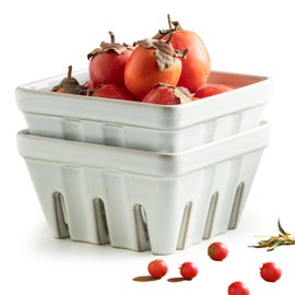 Gomakren Fruit Bowl with Holes, Ceramic Berry Basket Set of 2, 5.7 Inch Square Fruit Basket for Kitchen, Berry Containers Colander - Valentines Day Gifts Farmhouse Kitchen Decor, White