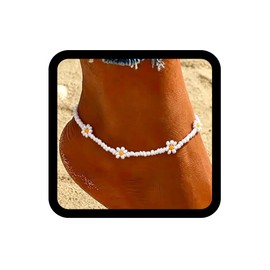 Ursumy Boho Ankle Bracelets for Women Summer Beaded Foot Chain Beach Flower Foot Jewelry (White)