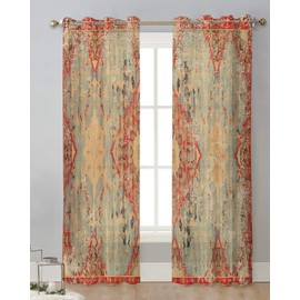 Onekaccu Geometric Boho Sheer Curtains 84 Inch Length 2 Panels Set, Grommet Kitchen Curtains Sheer Window Curtain for Living Room Bedroom Light & Airy Privacy Drapes Rustic Bohemian Floral Tribal Orange