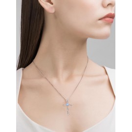 TANGPOET March Birthstone Aquamarine Faith Cross Necklace Jewellery for Women Girls 925 Sterling Silver Christian Gifts for Birthday Mother's Day Christmas Baptism Confirmation