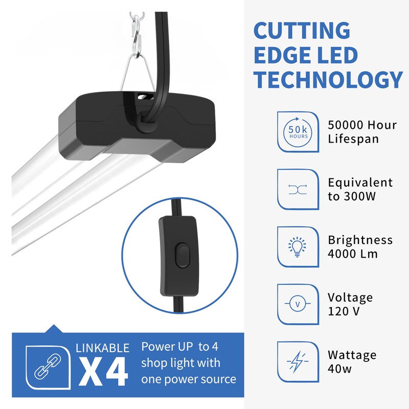DYMOND 4 FT 40W LED Shop Light Fixture with Inline