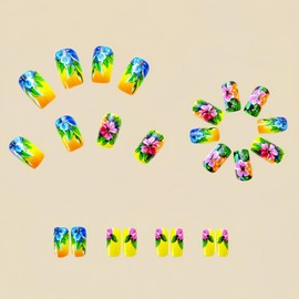 Short Square Press on Nails with Designs Glossy Colorful Flower Nails Press on Acryilc Nails Orange Fake Nails Gradient Yellow False Nails Full Cover Floral Glue on Nails Blue Stick on Nails for Women