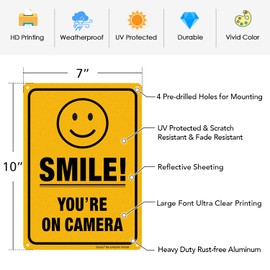 (4 Pack) Smile You're on Camera Video Surveillance Sign - 10 x 7 Inches - .040 Rust Free Heavy Duty Aluminum - Indoor or Outdoor Use for Home Business CCTV Security Camera,UV Protected & Reflective