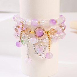 Jardme Butterfly Crystal Bracelets for Women Teens, Purple Beaded Stretch Stackable Boho Bracelets, Jewelry Gifts for Birthday Christmas Graduation