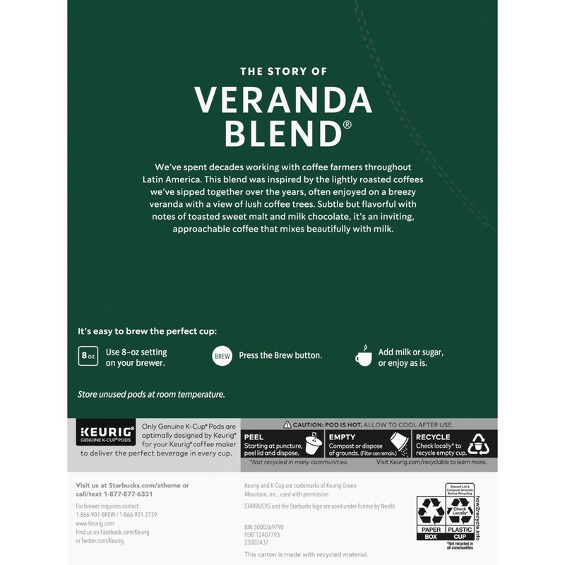 Starbucks K-Cup Coffee Pods, Starbucks Blonde Roast Coffee, Veranda Blend