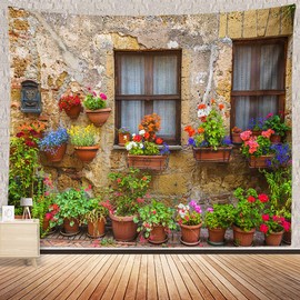 CHENGOR Tuscan Italy Tapestry Old Stone Wall Flowers Window Wall Hangings Tapestry Living Room Bedroom Dorm Man Cave Background 200x150cm