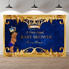 SeekPro 5x3ft Little Prince Black Boy Baby Shower Backdrop Little Baby Shower Party Banner Decoration Backdrops Royal Blue Gold Crown Photography Background P9614A