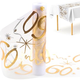 Table Runner for 60th Birthday, 28 cm x 10 m Table Runner Birthday Polyester, Shiny Gold Table Runner, Birthday Roll Cut to Size, Party Decoration 60th Birthday Table Runner for 60 Year Olds Men and