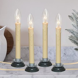 Set of 4 Electric Window Candles, 7 Inch Plug in Window Candle Lamps with 7 Watt C26 Light Bulbs, Electric Candles with Black Wood Plum Iron Base, Turn On/Off Switch Candlesticks, Ivory Cord