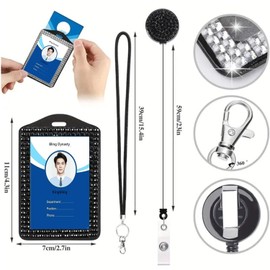 Fashion 2PCS Rhinestone Bling Lanyard with Id Badge Holder, Rhinestone Lanyard for Id Badges,Jeweled ID Card Holder,Crystal Retractable Badge Reel Neck Lanyard (White and Black)