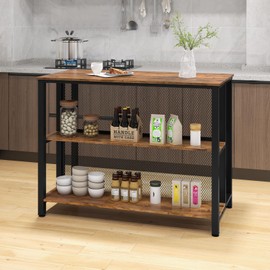 COSTWAY Home Bar Unit, 3-Tier Bar Table with Storage Shelves, Metal Frame, Adjustable Foot Pads, Breakfast Corner Bar Cabinet for Kitchen Island Dining Room (Rustic Brown)