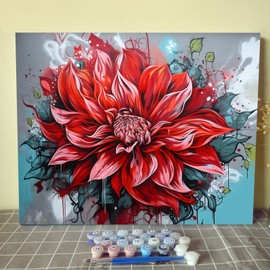 Graffiti Floral Framed Paint by Numbers for Adults Kids Beginner Dahlia_Flowers Oil Painting Kit 16x20 inche Tropical Wildflowers Acrylic Arts Craft Farmhouse Decor Street Art Paintwork(DIY Frame)