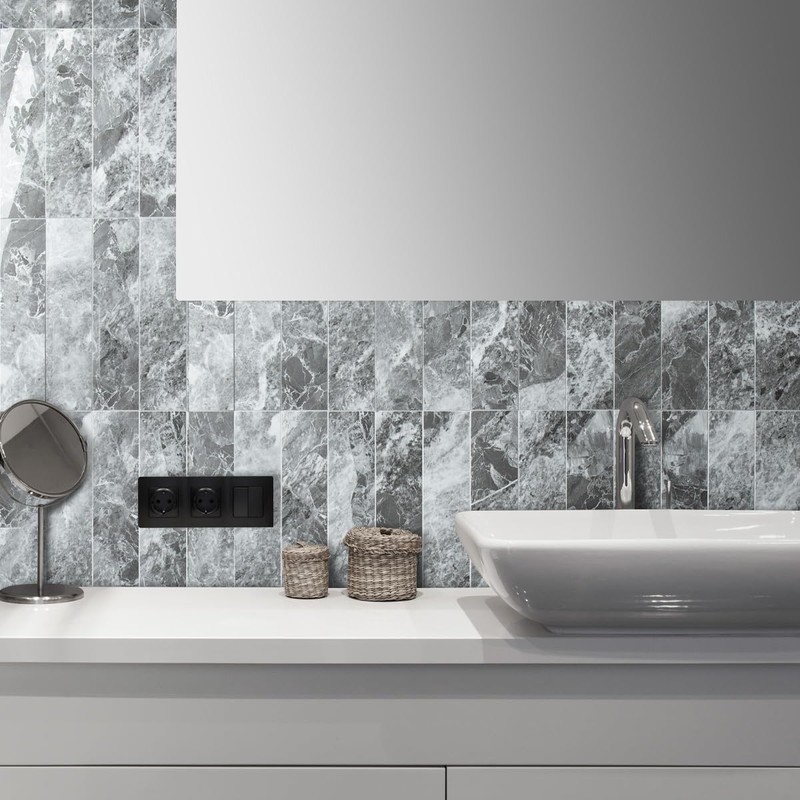 AULIGET 40-Piece Polished Grey Marble with Silver Peel and Stick