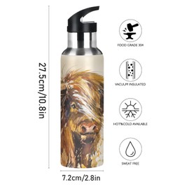 xigua Highland Cow Water Bottle, Stainless Steel Insulated Water Bottles with Straw Lids, Vacuum Hot Cold Water Bottle Leakproof Sport Water Bottles 20 oz