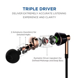 1MORE Triple Driver In-Ear Earphones Hi-Res Headphones with High Resolution, Bass Driven Sound, MEMS Mic, In-Line Remote, High Fidelity for Smartphones/PC/Tablet - E1001 Gold