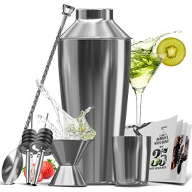 Bar Set Cocktail Shaker Set Bartender Kit, 8 Piece Silver Cocktail Set, Mixology Bartender Kit, Steel Drink Shakers Cocktail Kit, Bar Accessories: 24oz Martini Shaker, Muddler, Cocktail Book and More