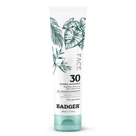 Badger Protector solar facial de óxido de zinc SPF 30, protector solar mineral ligero para cara, acabado mate, sin yeso blanco, vegano, resistente al agua, sin perfume, loción facial mineral con bloqueador solar, 1.7 onzas líquidas