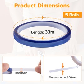 Lyeteung 5 Rollen 8mmx33m Hitzebeständiges Klebeband, Wärmeband für Sublimation, Hochtemperaturband, für Elektronik Leiterplatten DIY Handwerk, Blau