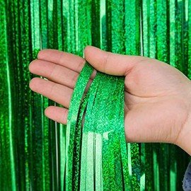 Green Metallic Tinsel Foil Fringe Curtains Shimmer Curtain Party Photo Backdrop Decorations,Pack of 4