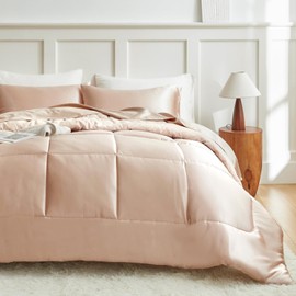 MR&HM King Size Comforter Set Champagne, Reversible Satin Microfiber Comforter Set for All Seasons, 3 Pieces Non-Slip Silky Soft Bedding Sets with 1 Comforter (104"x90") and 2 Pillowcases (20"x36")