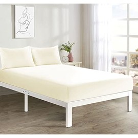 Fitted Bed Sheet With FREE MATCHING 2 X PILLOW CASES Poly Cotton Percale Easy Care Plain Dyed Bed Sheet Cream King