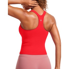 CRZ YOGA Seamless Ribbed Womens Tank Top Racerback Camisoles with Built in Bra Padded Scoop Neck Athletic Workout Slim Tanks Deep Red Medium