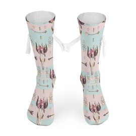 1 Pair Soft Socks White Holding Hands, Compression Knee High Stockings Long Athletic Circulation 16x3.9 in Print Tribal Cow Bull Head with Flowers Arrows Floral Pattern