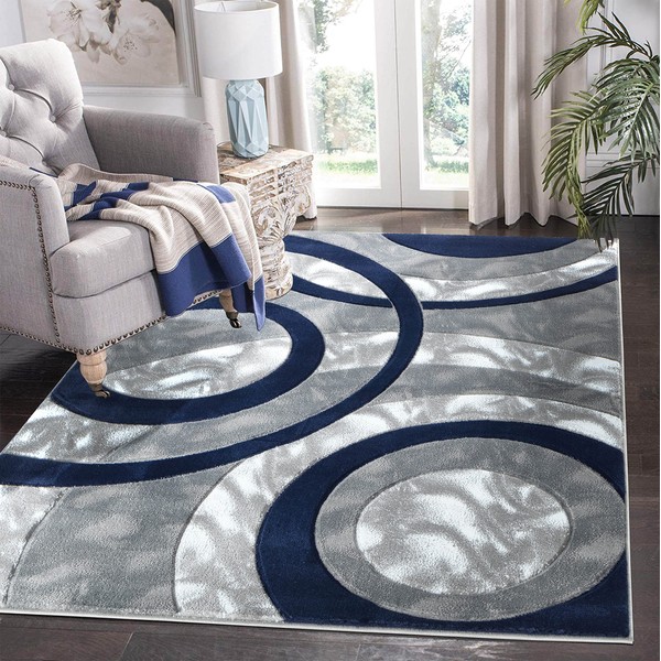 GLORY RUGS Area Rug 8x10 Navy Circles Geometry Soft Hand Carved Contemporary Floor Carpet Fluffy Texture for Indoor Living Dining Room and Bedroom Area