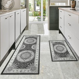Boho Kitchen Mat Se of 2,Kitchen Floor Cushioned Comfort Standing Rugs,Non Slip Washable Kitchen Mats Set for Kitchen Floor Bathroom Sink,Size 17"x 47"+17"x 30"（Dark Grey）