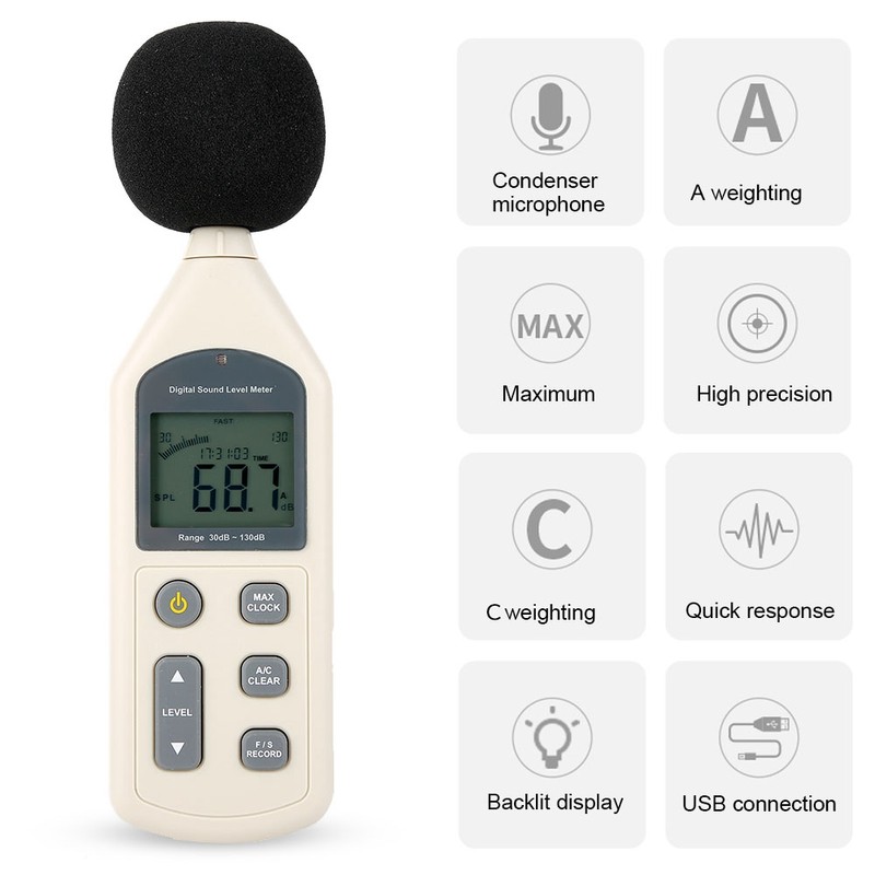 Handheld LCD Digital Sound Level Decibel Meter 30-130dBA Pressure Tester