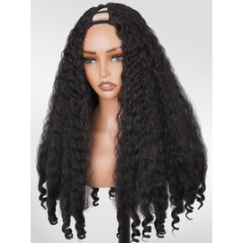 PREMPO Afro Wig V Part Kinky Curly Wigs for Black Women, 180% Density Wear and Go Glueless Wig with Unique Bouncy Curls in the End, Synthetic No Leave out Clip in, 24 In Black-2