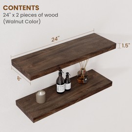 Floating Shelves for Wall Decor, 8 Inch Deep Rustic Solid Elm Wood Floating Shelves Wall Mounted, Wall Shelves with Invisible Bracket for Living Room Bathroom Bedroom Kitchen, 24 Inch Set of 2, Walnut