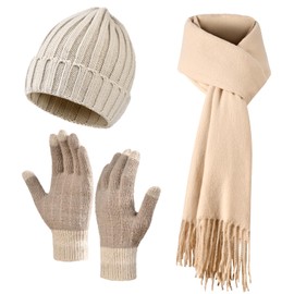 Women Winter Hat Beanie+Long Scarf+Touch Screen Gloves Set, Warm Clothes Set with Knit Fleece Lined for Women/Men Winter