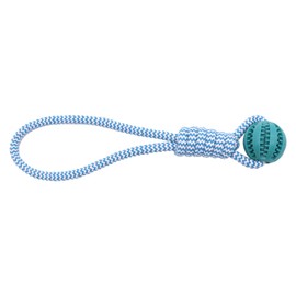 Mira's Pocket Interactive Dental Dog Ball Toy – Hand-Held Tug & Chew Ball with Rope Handle for Bonding & Teeth Cleaning (Blue, Large)