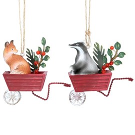 Gisela Graham Resin Resin Fox and Badger Decorations on Tin Wheel Barrow Set of 2 Assorted