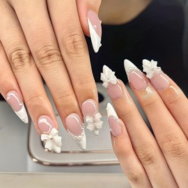 Almond False Nails - 24pcs French Stick On Nails - Pearl Bow Press On Nails Medium Length - Elegant French Style Glue On nails - Full Cover Comfortable Acrylic nails For Women Nail DIY