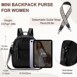 Kasqo Mini Backpack Purse for Women,Water Resistant PU Leather Small Backpack Convertible Ladies Shoulder Bag Travel Handbag 3 Ways to Carry Black