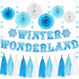 White and Blue Glitter Winter Wonderland Decorations Snowflake Garland Banner Winter Wonderland Snowflake Decorations for Happy Holidays Christmas Wedding Winter Wonderland Party Decorations