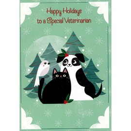 Designer Greetings Black and White Dog, Black Cat and Gray and White Bird Holiday Card for Veterinarian