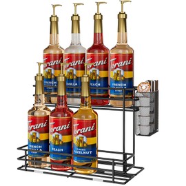 OVICAR Coffee Syrup Organizer Rack - 8 Syrup Bottle Holder Stand for Coffee Bar Coffee Station Accessories with Straw Coffee Pod Basket,2 Tiers Kitchen Countertop Storage for Syrup Wine Dressing Black