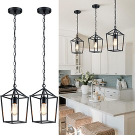 Sheetea 2-Pack Farmhouse Pendant Lights Kitchen Island, Black Pendant Light Fixtures Hanging Lamp for Dining Room, Modern Kitchen Pendant Lighting Over Island, Metal Cage Design