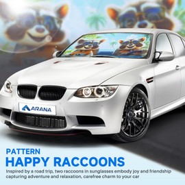 ARANA Cute Car Windshield Sun Shade, Funny Sunglass Raccoons Front Window Sunshade with UV Protection, Foldable Sun Visor Universal Fit Sedan/SUV/Truck/Van (64"x32")
