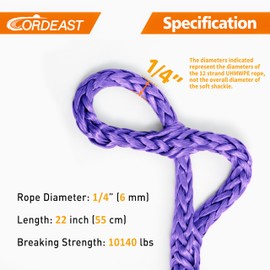 Synthetic Soft Shackle 1/4“ X 22” (10140 lbs Breaking Strength) Small UHMWPE Rope Shackle for ATV UTV Recovery, Marine & Utility Towing (Purple, 2-Pack)
