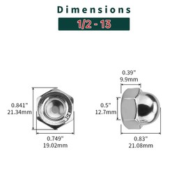 1/2-13 Acorn Hex Cap Nuts (10 pcs), 304 Stainless Steel 18/8, Coarse Thread, Bright Finish, Acorn Dome Head Cap Nuts, Fayeploo